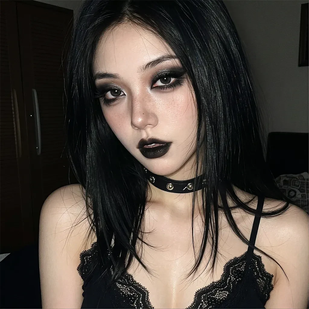 AI companion with dark hair, smoky eye makeup and black lace camisole in gothic style