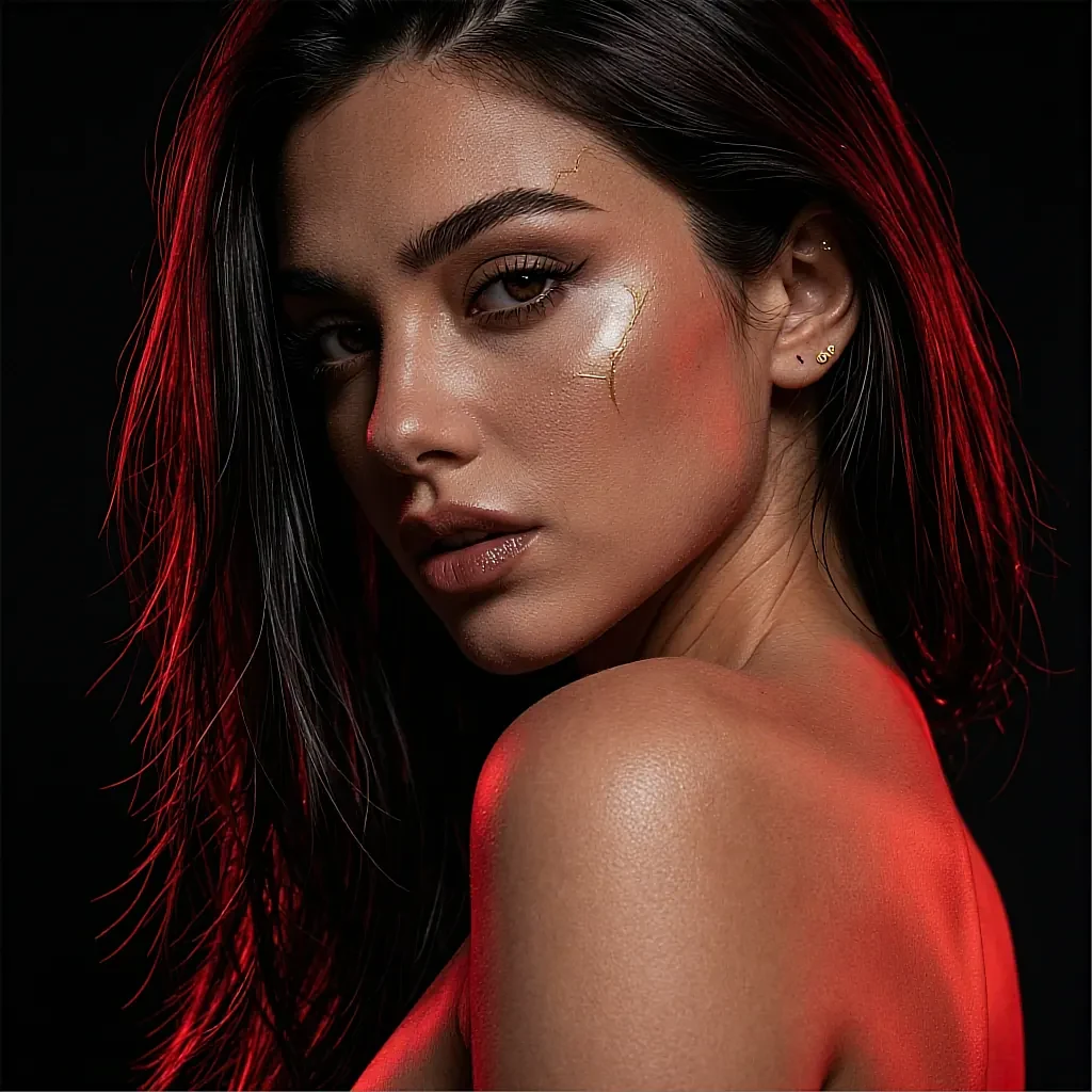 AI companion close-up portrait with red backlighting, gold cheek accent and bare shoulders