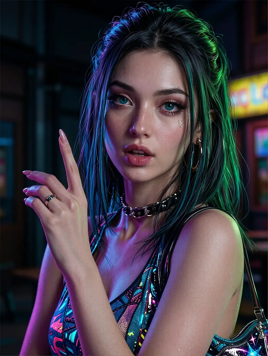 AI companion with blue-green highlighted hair in a neon graphic top at an arcade with colorful lights