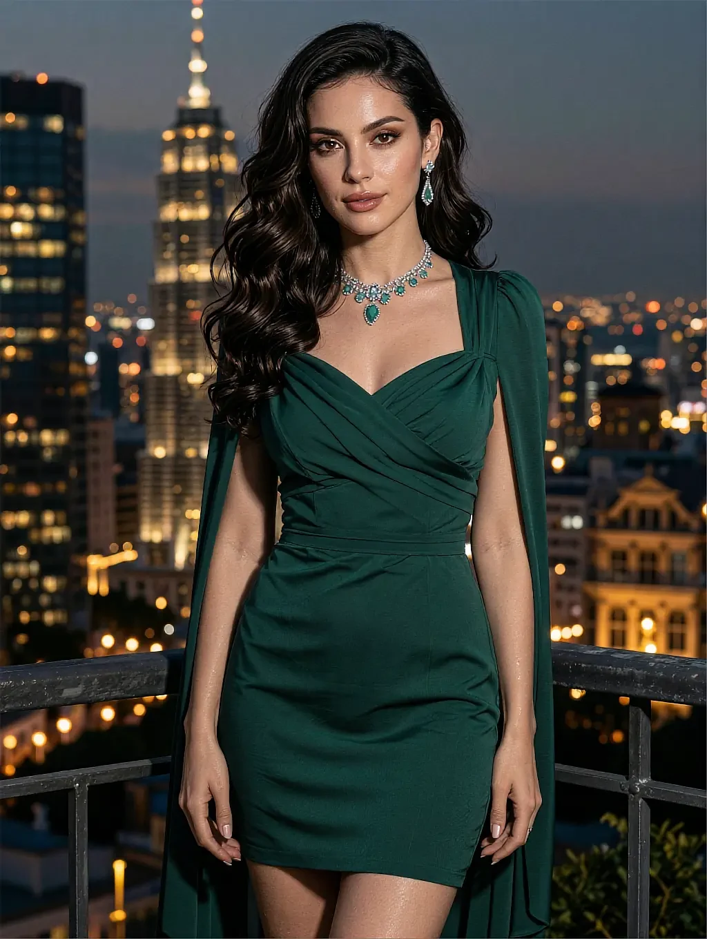 AI companion in an emerald green cape-sleeve wrap dress with jewellery on a rooftop overlooking a city at night