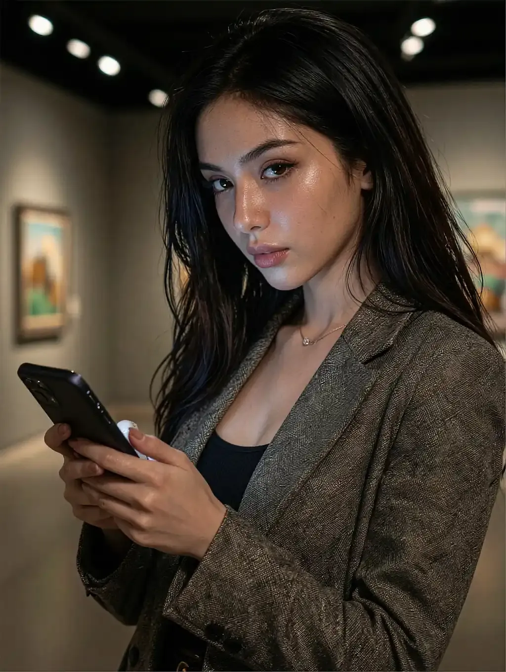 AI companion in a grey tweed blazer holding a phone in an art gallery with paintings on the wall