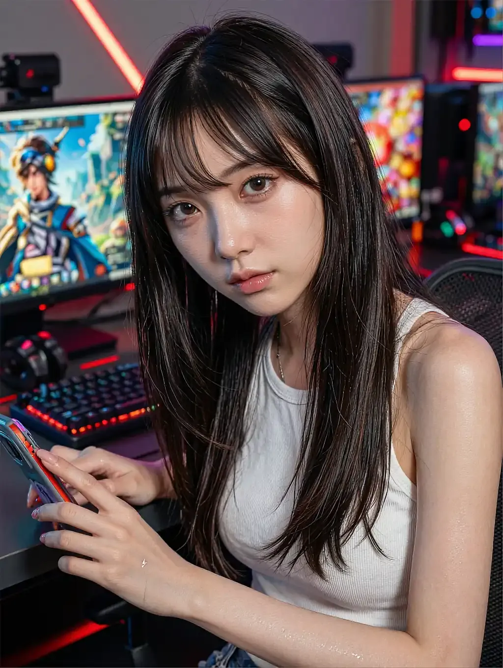 AI companion with bangs holding a phone at an RGB gaming setup in a white tank top